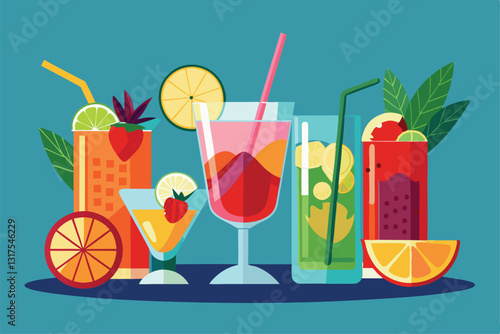 A collection of beautifully crafted beverages with fresh fruit garnishes arranged attractively on a surface, Set of delicious cocktails