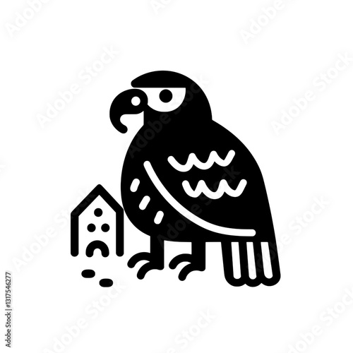 Creative depiction of a bold eagle standing beside a whimsical birdhouse with a playful expression and distinct black vector art style