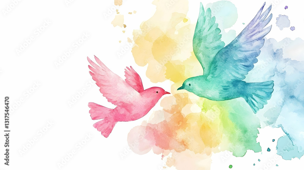 Fototapeta premium Two colorful birds in flight, watercolor style, rainbow background, perfect for greeting cards
