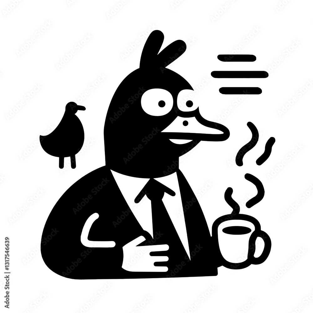 Obraz premium Businessman with a duck head enjoys coffee in a quirky and playful vector illustration style