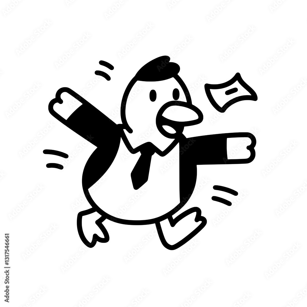 Business bird in a suit joyfully running with excitement during a busy day at the office Business bird in a suit joyfully running with excitement during a busy day at the office