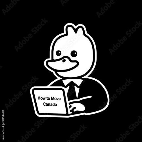 Quirky cartoon character representing a duck in a suit engaged in online research on relocating to Canada