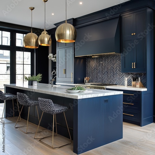 A modern kitchen with blue cabinets and marble countertops