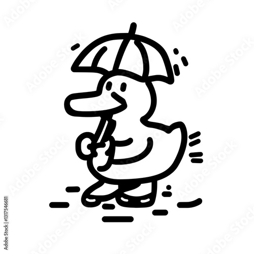 Duck enjoys a rainy day while confidently holding an umbrella and splashing through puddles, showcasing a joyful moment