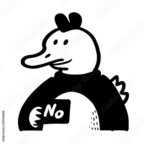 Whimsical duck character holding a no sign, expressing humorous refusal in a playful manner