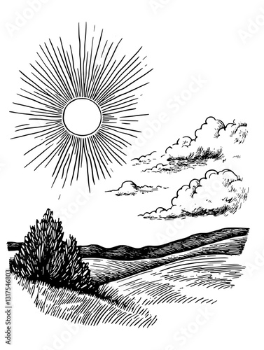 Bright sun rays shine over a tranquil landscape with rolling hills and fluffy clouds floating in a serene sky
