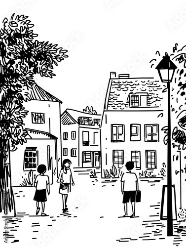 Charming street in a quaint village filled with daily life and picturesque architecture