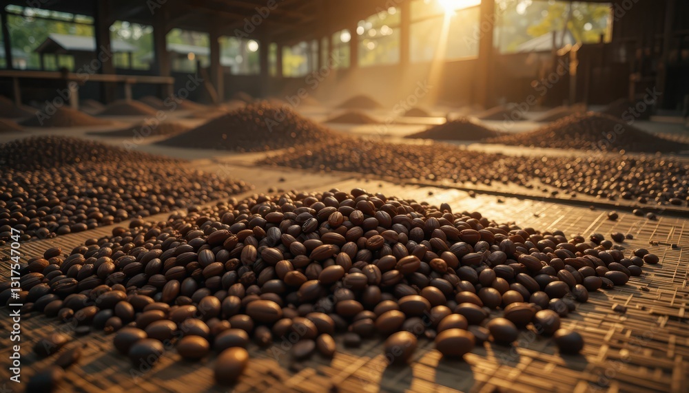 Fototapeta premium Sunlit Coffee Beans Spread Across a Drying Floor in Warehouse