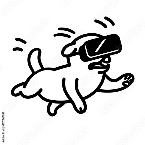 Exciting dog experience in virtual reality while playfully bounding through a digital landscape in a vibrant illustration