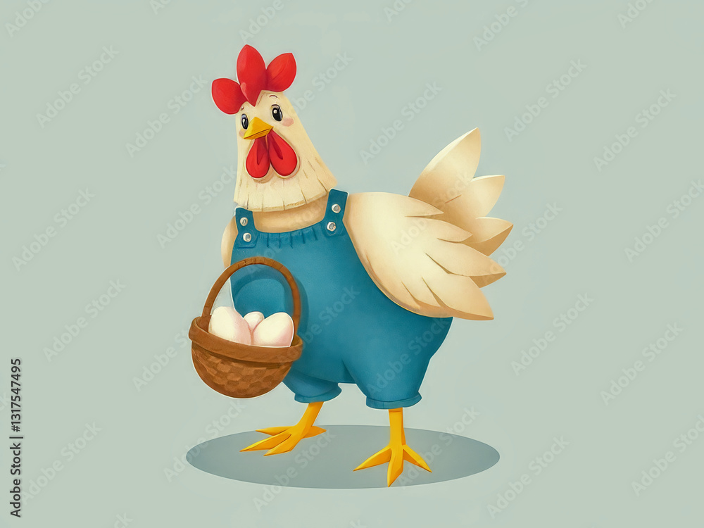 A cartoon chicken is holding a basket of eggs. The chicken is wearing blue overalls and a red bow. The image has a playful and lighthearted mood, as the chicken is dressed up