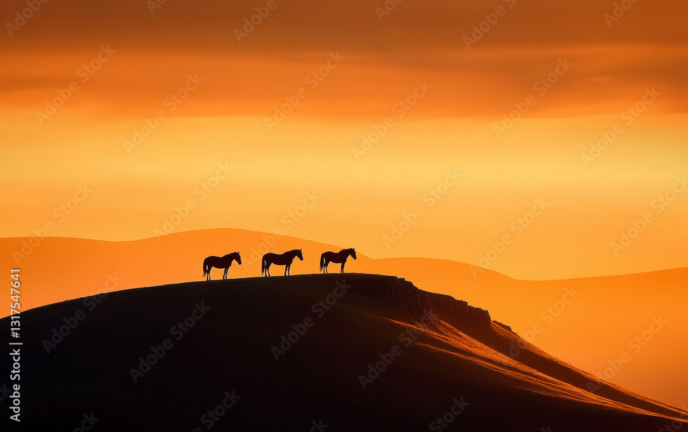Fototapeta premium Majestic horses silhouetted against stunning sunset landscape