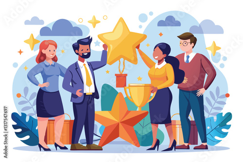 A group of entrepreneurs joyfully receives awards in a vibrant, celebratory atmosphere, Set of entrepreneurs receiving award in form of star for their achievements,