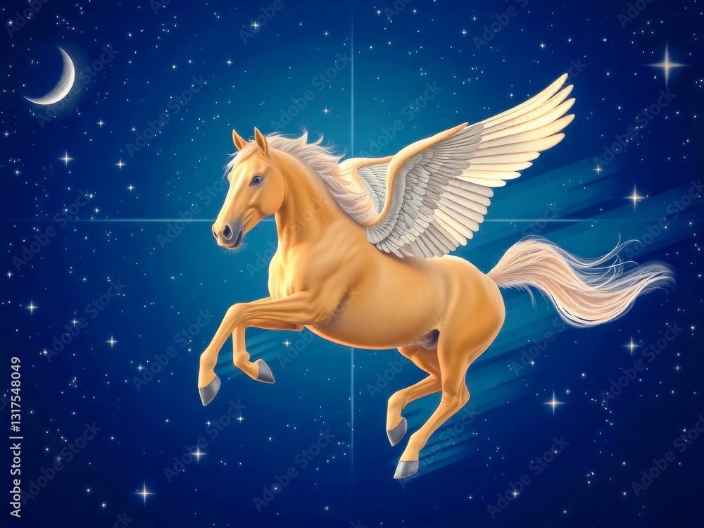 A horse with wings flying in the sky. The horse is golden and the wings are white. The sky is blue and there are stars in the background. Scene is magical and dreamy