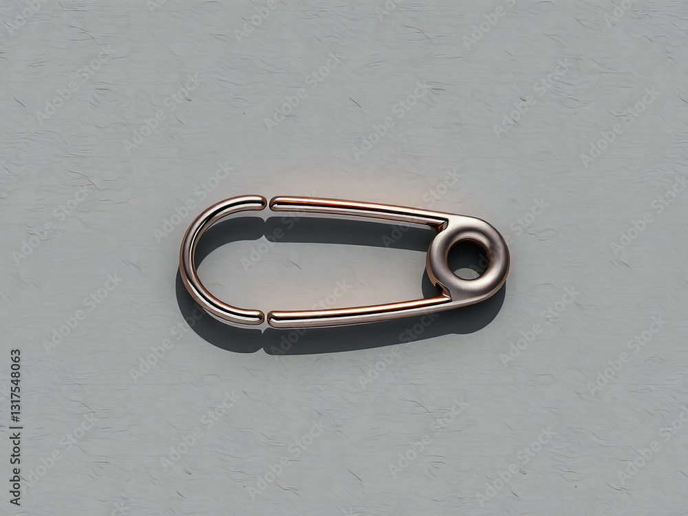 A small, silver, gold colored bobby pin with a hole in the middle. The bobby pin is sitting on a gray surface