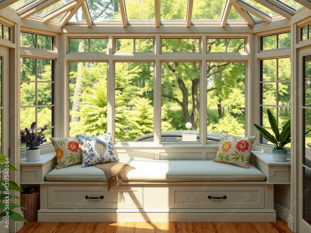 A large window with a bench and a potted plant in front of it. The bench is covered with a blanket and pillows