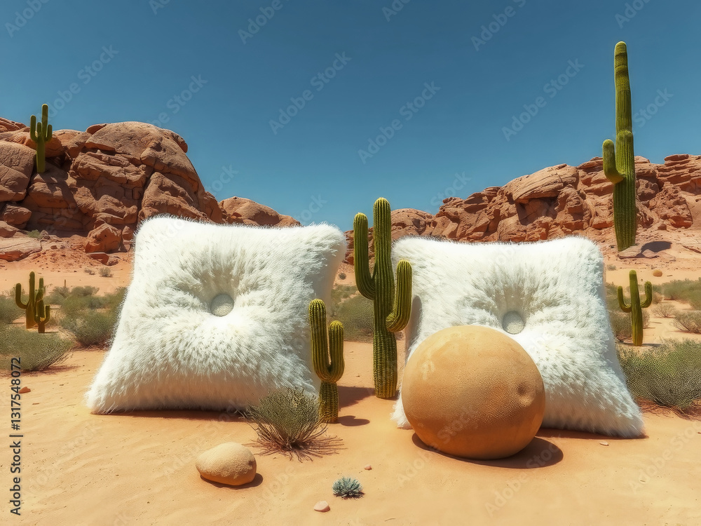 Two white pillows are placed on a desert landscape with a cactus in the foreground. The pillows are positioned in a way that they look like they are resting on the ground