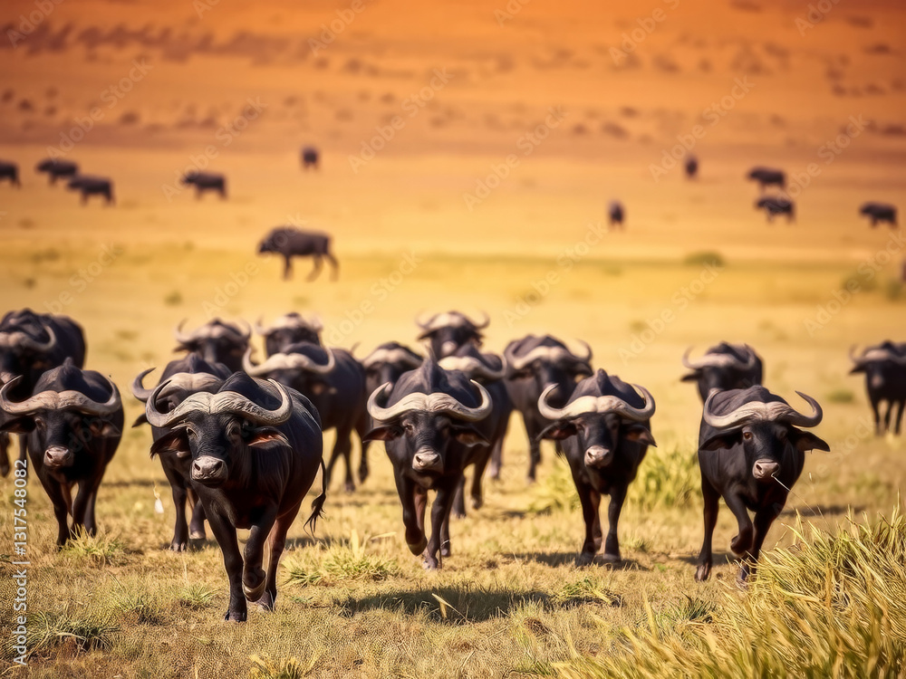A herd of black and white buffalo are walking across a field. The scene is peaceful and serene, with the animals moving together in a line