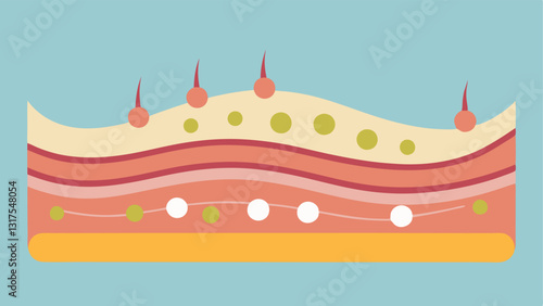 Skin CrossSection Illustrate a crosssection of skin highlighting layers where elastin and collagen fibers are interwoven with exosomes depicted as small circles stimulating the