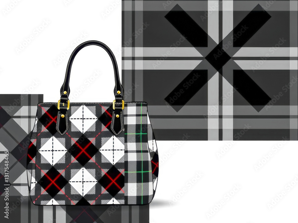 A purse with a plaid design is shown in a black and white background. The purse is the main focus of the image, and the plaid design is the background. Concept of sophistication and elegance