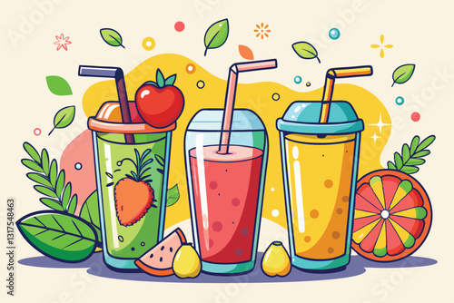 A vibrant collection of fresh smoothies displayed with various fruits and playful doodles, Set of fresh smoothies in doodle style,