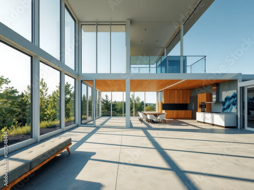 A large open space with a bench and a dining table. The room is filled with natural light and has a modern, minimalist design