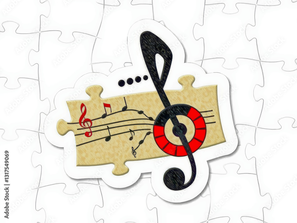 A jigsaw puzzle piece with a musical note and a red circle. The puzzle piece is part of a larger image of a musical note
