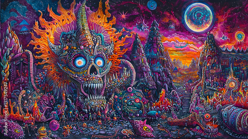 Surreal landscape painting; fiery skull creature dominates alien world; cosmic background; fantasy art for album cover or game design