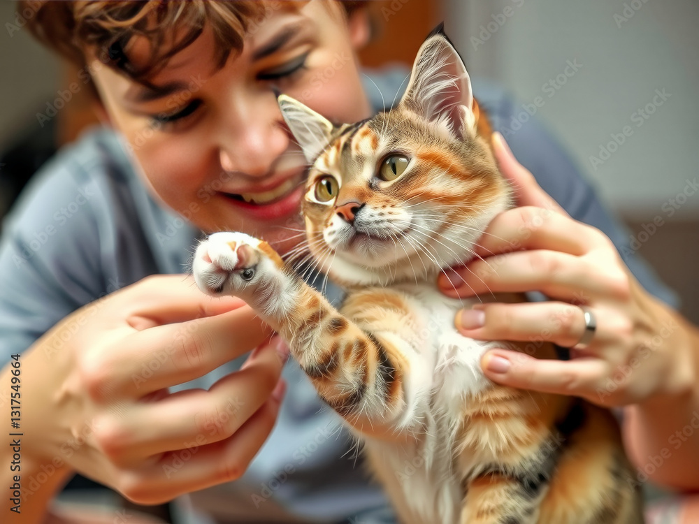 A young man is holding a cat with his hands. The cat is looking at the camera and he is enjoying the attention. Scene is happy and playful, as the man and cat seem to be having a good time together