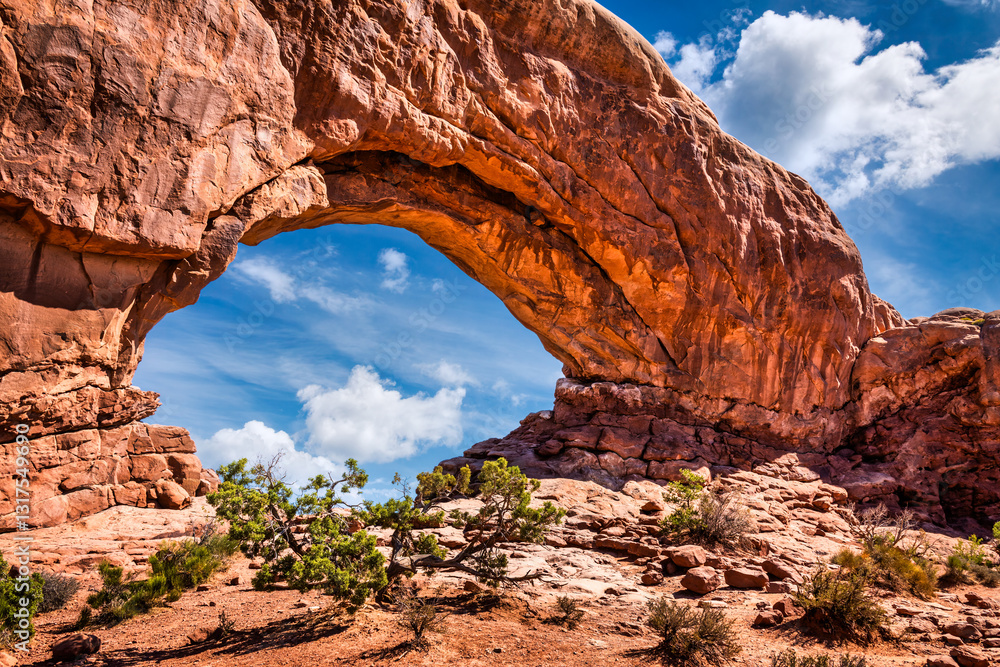 North Window in Arches National Park, Utah. Also known as the Spectacles, these two arches stand side by side, cut from the same sandstone fin. A large nose separates the Spectacles