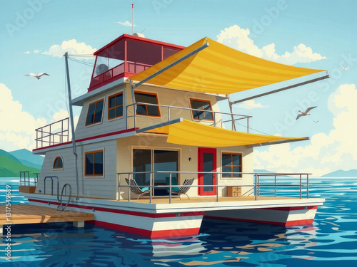Obraz na płótnie A yellow boat with a red roof sits on the water. The boat is a house on water, with a large canopy over the top. The sky is cloudy, and there are birds flying in the background w salonie