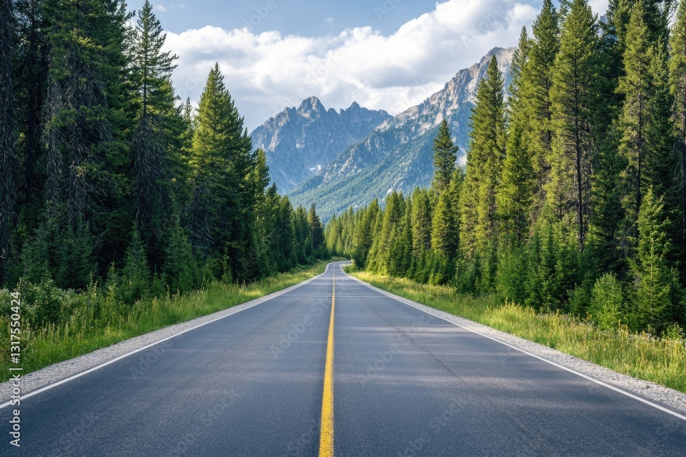 A paved road passing through dense forest with mountains in the background at Grand Teton National Park, Wyoming, USA A paved road passing through dense forest with mountains in the background at Grand Teton National Park, Wyoming, USA
