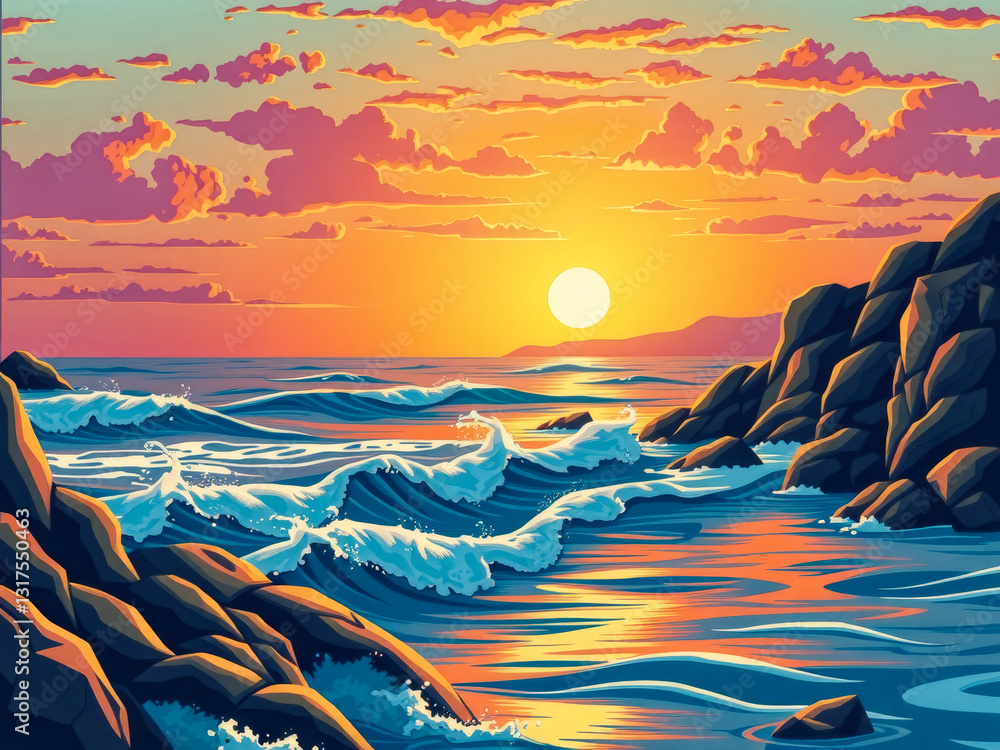 A stunning sunset over the ocean, with the sun setting in the distance. The water is choppy, with a large wave crashing in the background. Scene is tranquil and calming