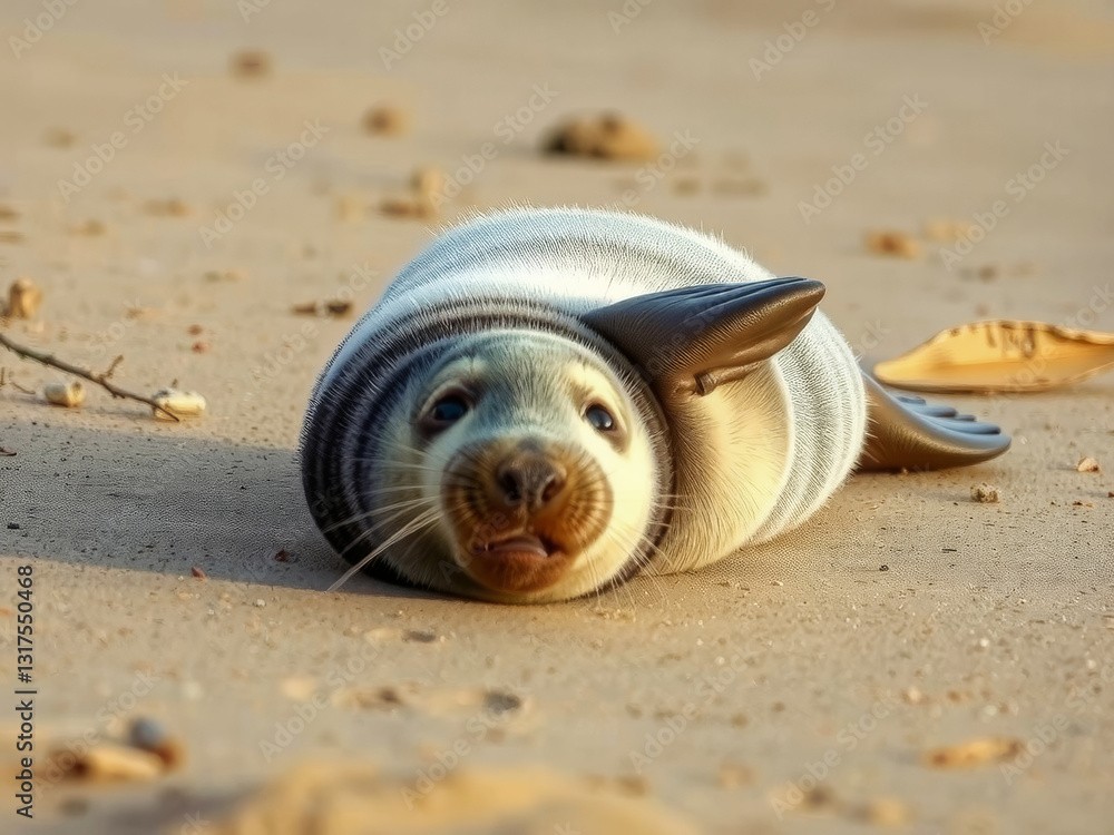 A baby seal is laying on the beach with its head turned to the side. The seal is wearing a black and white striped blanket