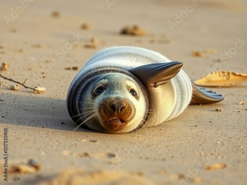 Obraz na płótnie A baby seal is laying on the beach with its head turned to the side. The seal is wearing a black and white striped blanket w salonie