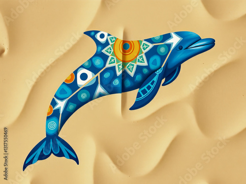 Obraz na płótnie A colorful dolphin is swimming in the sand. The dolphin is surrounded by a variety of colors and patterns, giving it a lively and playful appearance. Concept of joy and freedom w salonie