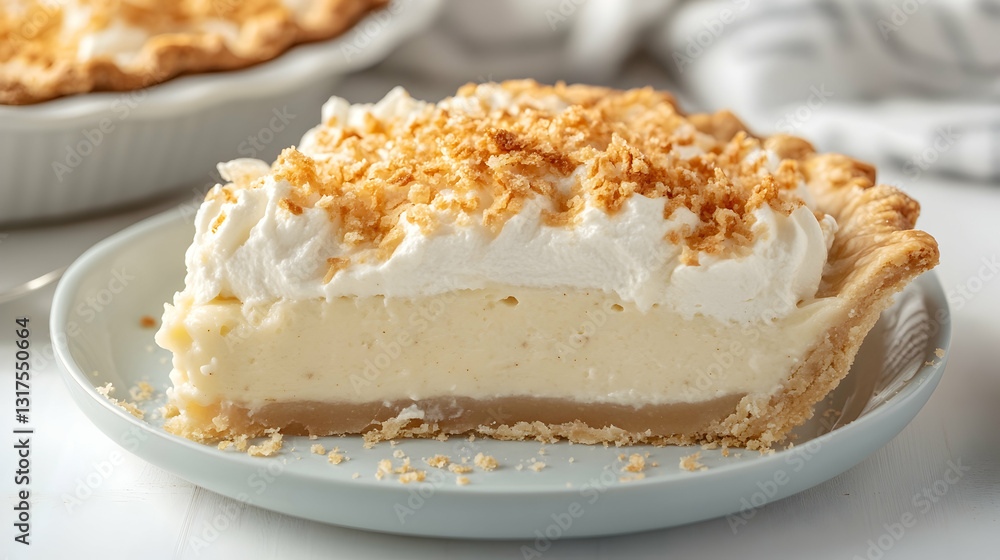 Coconut cream pie slice with toasted topping details Coconut cream pie slice with toasted topping details