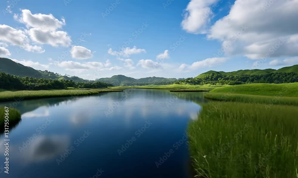 A serene landscape showcasing a calm river flowing through lush green fields under a bright blue sky with fluffy clouds. Ideal for nature lovers and those seeking tranquility. A serene landscape showcasing a calm river flowing through lush green fields under a bright blue sky with fluffy clouds. Ideal for nature lovers and those seeking tranquility.