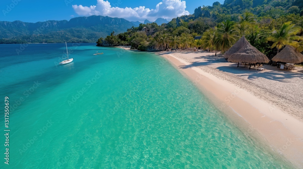 Discover a secluded tropical paradise with crystal-clear waters and soft white sands surrounded by lush palm trees