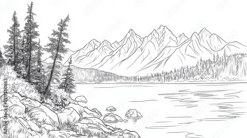 Fototapeta premium Alaskan Lake and Mountain Line Art Coloring Page - Serene lake, majestic mountains, peaceful forest, rocky shore