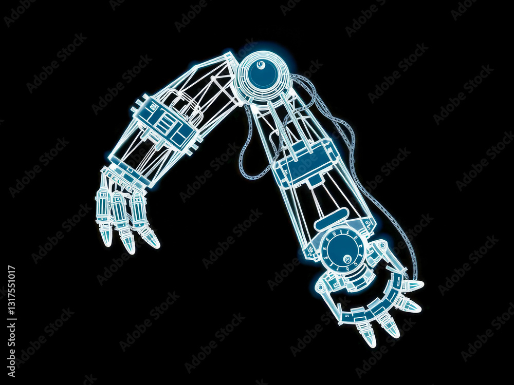 A robotic arm is shown in a black background. The arm is made of wires and has a blue hue. Concept of technology and innovation