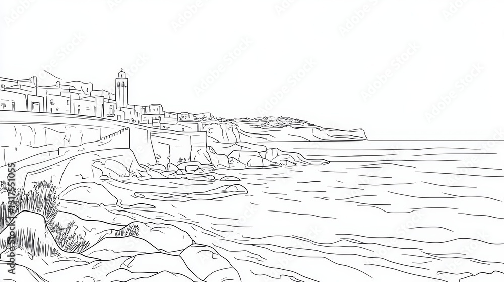 Fototapeta premium Algarve Coast Portugal Line Art Coloring Page - Coastal town, ocean waves, rocky shore, architecture, and sunshine. A beautiful coloring page depicting a serene coastal scene
