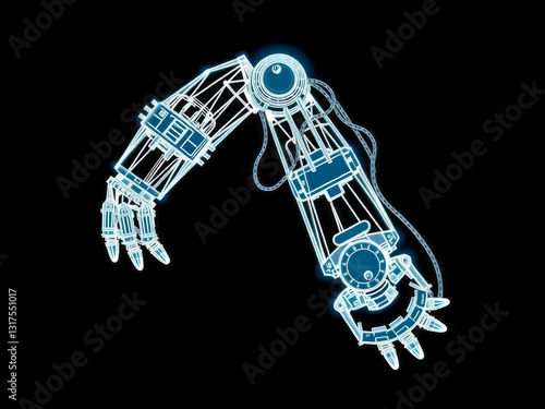 Obraz na płótnie A robotic arm is shown in a black background. The arm is made of wires and has a blue hue. Concept of technology and innovation w salonie