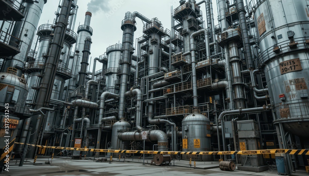Fototapeta premium Industrial Complex with Pipes and Tanks Surrounded by Caution Tape