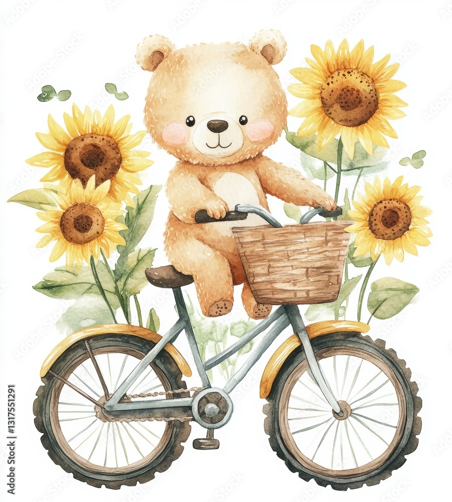 Φωτογραφία Watercolor Illustration of a Cute Teddy Bear Riding a Bicycle with Sunflowers