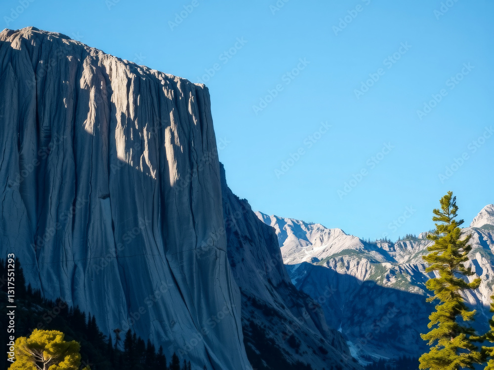 A mountain range with a large rock formation in the middle. The sky is clear and blue. The mountain range is covered in snow