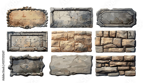 Old stone sign plates vector set, vintage sign designs, antique stone signs, textured stone plaques, rustic wall signs, weathered signboards, retro signage, ancient stone plates