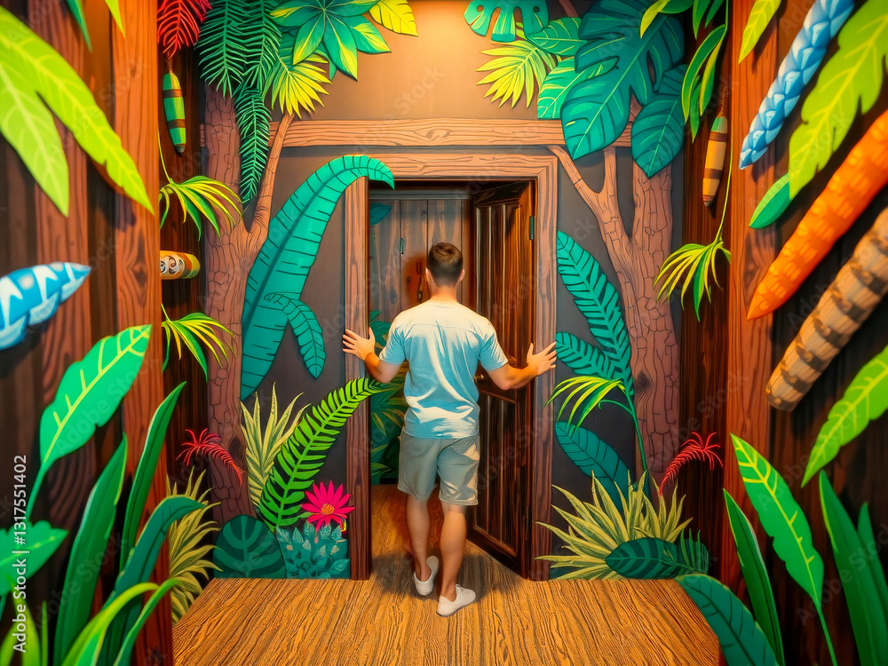 A man is standing in front of a door in a jungle-themed room. The room is decorated with trees, vines, and other jungle elements. The man is curious or excited about what is behind the door