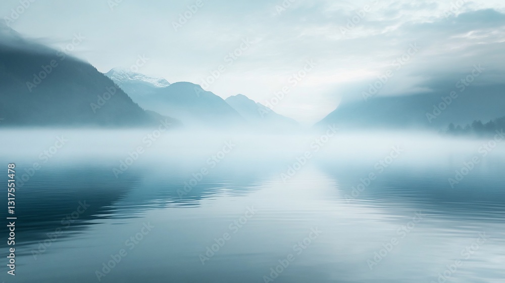 Misty Mountain Lake Serenity: A Breathtaking View of Nature's Tranquility at Dawn