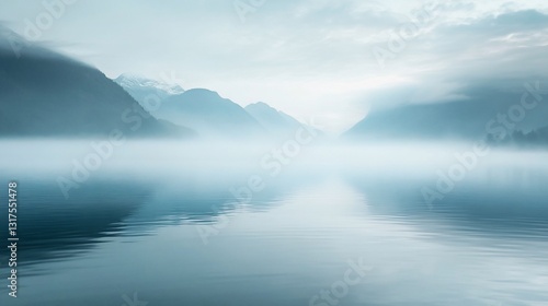 Obraz na płótnie Misty Mountain Lake Serenity: A Breathtaking View of Nature's Tranquility at Dawn w salonie