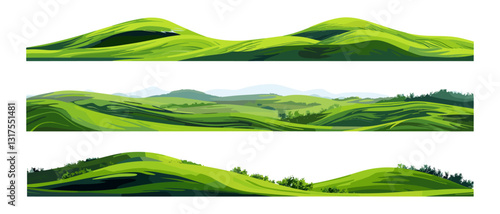 Scenic vector green hills, beautiful countryside, picturesque views, rolling hills landscape, lush greenery, tranquil nature, calm hills scenery, peaceful countryside, rural landscape